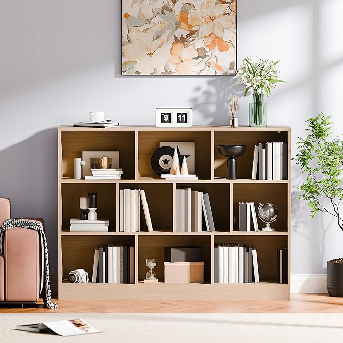Cozy Castle Oak Bookshelf, 3-Tier Open Shelf Bookcase, 10 Cube Storage Organizer with Anti-Tilt Device for Bedroom, Living Room, 55.11" W x 11.61“D x 40.94“H