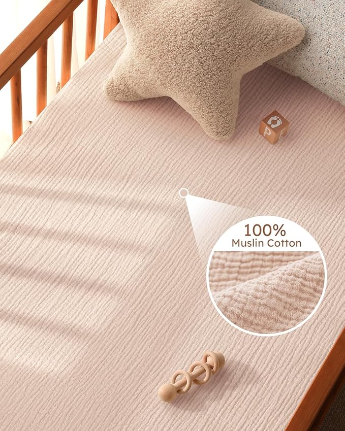 Muslin Crib Sheets for Boys Girls, 100% Cotton Fitted Crib Sheet 2 Pack for Standard Crib and Toddler Mattress, Breathable Soft Baby Sheet 28x52x8in Gradient Pink