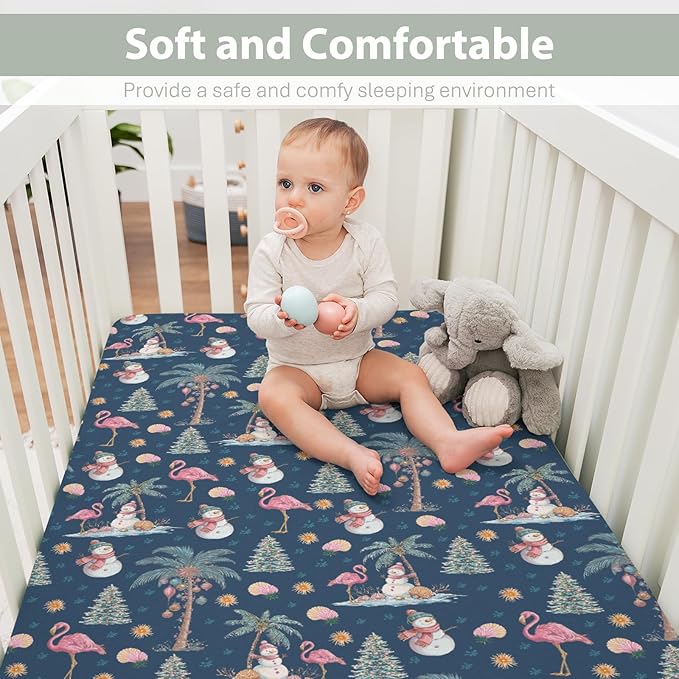 Preppy Beach Christmas Baby Crib Sheets for Boy Girl 52x28 Flamingo Palm Trees Snowmen Coastal Soft Snug Fitted Crib Mattress Cover Tropical Christmas Baby Sheet for Standard Crib & Toddler Mattress