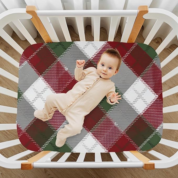 Christmas Plaid Pattern Red Crib Sheets Standard Crib Toddler Mattresses Cover Fitted Baby Bed Sheet Breathable Crib Mattress Sheet for Girls Boys 39''x27''x9''
