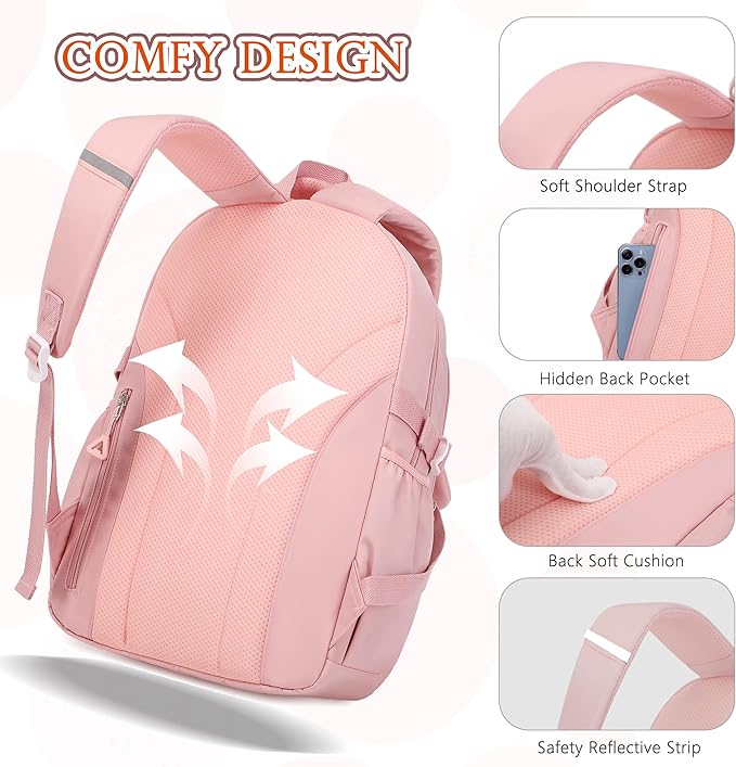 AO ALI VICTORY Backpack for Girls 3 PCS Cute School Backpacks Elementary Kids Book Bag with Lunch Box Pencil Case Set Laptop College Travel Back Pack Large Bookbags for Girl Teens Women Student Pink
