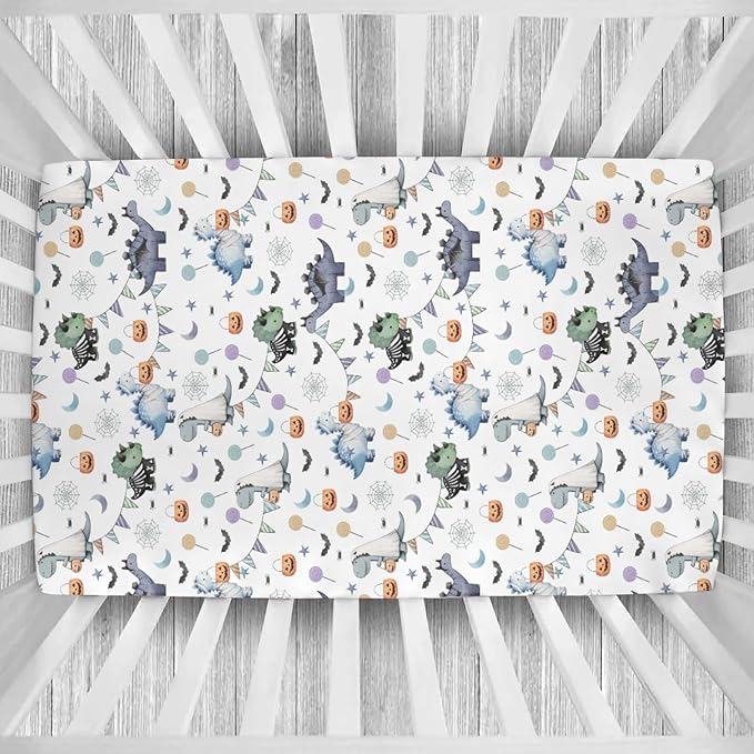 Cute Halloween Dinosaurs Baby Crib Sheets Spooky Dinosaur Pumpkin Bats Fitted Crib Mattress Cover for Standard Crib Toddler Mattress Halloween Night Baby Sheet 28x52in