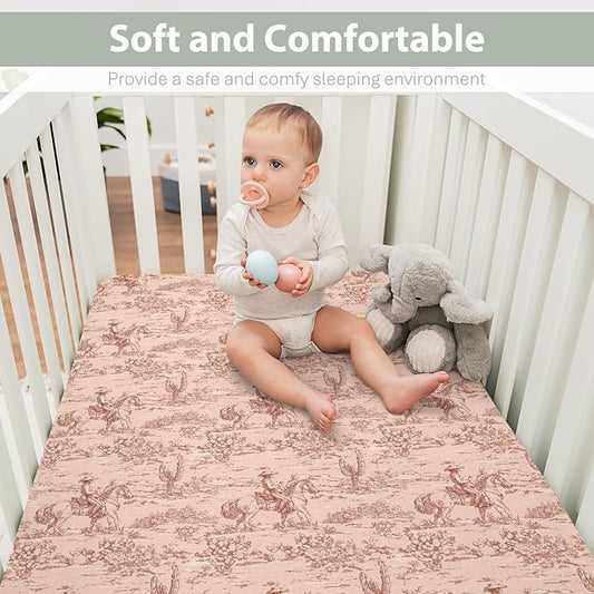 Vintage Pink Cowgirl Cactus Baby Crib Sheets for Boy Girl 52"x28" Western Cowgirl Love Soft Stretchy Fitted Crib Mattress Cover Wild Desert Baby Sheet for Standard Crib & Toddler Mattress Pads