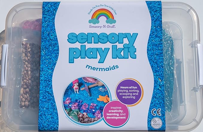 Mermaid Sensory Bin Kit for Kids – Blue Rice, Pinto Beans, Mermaids, Gems, Shells & Treasure Chest – Ocean-Themed Sensory Play with Storage Bin