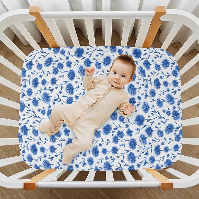 Ink Blue Cornflower Crib Sheets Standard Crib Toddler Mattresses Cover Fitted Baby Bed Sheet Breathable Crib Mattress Sheet for Girls Boys 39''x27''x9''