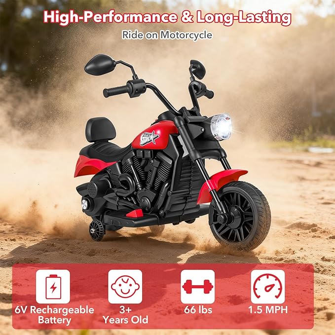 HONEY JOY Toddler Motorcycle, 6V Battery Powered Electric Motorcycle for Kids, Detachable Training Wheels, Music, Foot Pedal, Headlights, Forward/Backward, 3-Wheel Ride On Toy for Boys Girls (Red)
