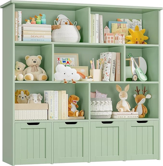 FINETONES Storage Organizer, Bookshelf with 4 Movable Chests and 7 Storage Cubes, Chest Storage with Hidden Wheels, Organizers and Storage, Green