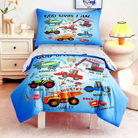 4 Piece Toddler Bedding Set for Boys,Cars Construction Toddler Bed Comforter Set Includes Comforter,Flat Sheet,Fitted Sheet and Pillowcase,Christan Trucks Tractors Bed in A Bag for Kids Bedroom