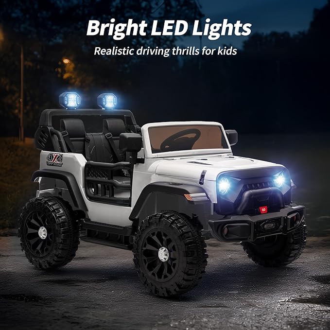 2 Seater Ride on Car Toy, 12V Electric Car for Kids 4-8 with Remote Control, Capacity 150 lb, LED Light - White