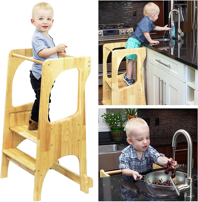 KATANABANA Kids Kitchen Step Stool Helper Made from Hardwood - Montessori Standing Tower for Learning (Natural)