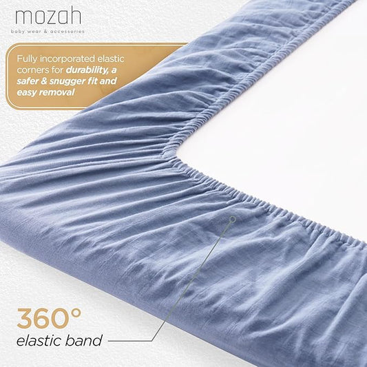 MOZAH Organic Muslin Crib Sheets, Soft and Breathable Bedding for Baby Girls or Boys, Snug Fitted Sheet for Standard Cribs & Toddler Mattresses, 2 Pack, Blue