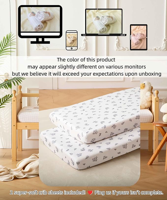 SDY Jersey Crib Sheets for Baby Boys and Girls,52”x28”x8, 2 Pack,Neutral Flower Standard Oval/Retangle Fitted Crib Sheets for Toddler,Super Soft Breathable