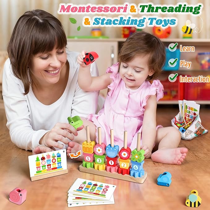 Toys for 2 3 4 Year Old Girl Boy, Wooden Montessori Toys for Ages 2-4 Toddler, Birthday Gifts for Girls Age 2 3 Stacking Blocks & Lacing Beads Sequence for Kids, Toddlers Preschool Learning Activities