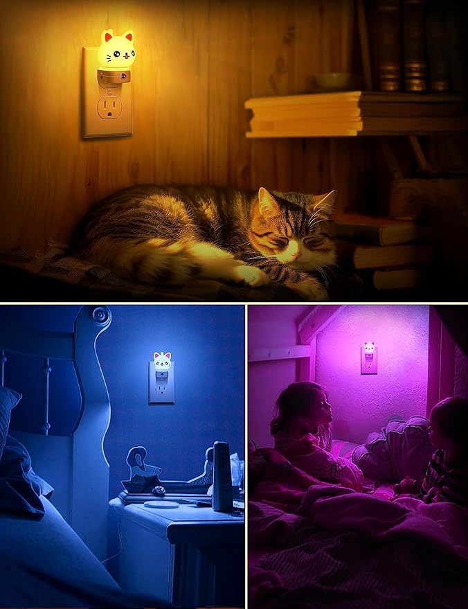 Cat Night Lights Plug Into Wall [2 Pack], Cute Night Light for Kids, 8-Color RGB LED Night Light, Nightlight with Dusk to Dawn Sensor for Kids Room, Bathroom, Bedroom Décor, Children Christmas Gift