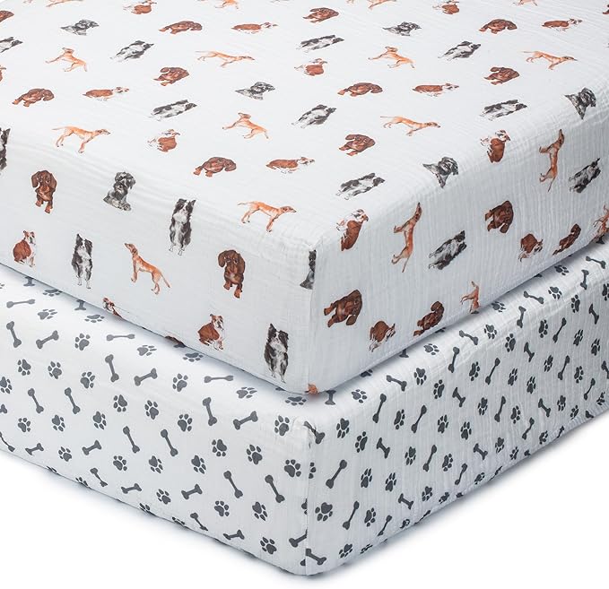 LollyBanks Muslin Crib Sheets 2 Pack, 100% Cotton Baby Crib Sheets for Boys and Girls, Soft and Breathable Neutral Baby Fitted Sheet for Standard 52"x28" Mattress, Registry (Dogs and Paws Design)