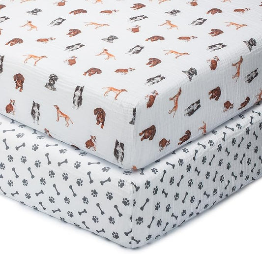 LollyBanks Muslin Crib Sheets 2 Pack, 100% Cotton Baby Crib Sheets for Boys and Girls, Soft and Breathable Neutral Baby Fitted Sheet for Standard 52"x28" Mattress, Registry (Dogs and Paws Design)