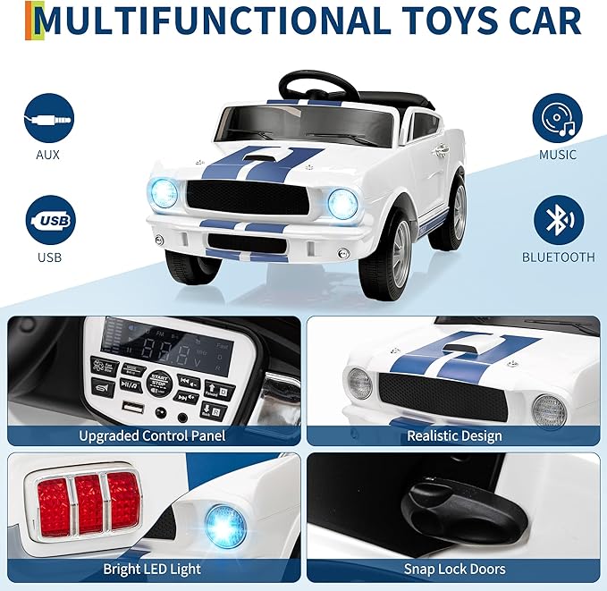 12V Ride on Car for Kids, Licensed Shelby GT350 Electric Toy with Parent Remote Control, 3 Speeds, LED Headlights, Music & Safety Belt for Toddlers