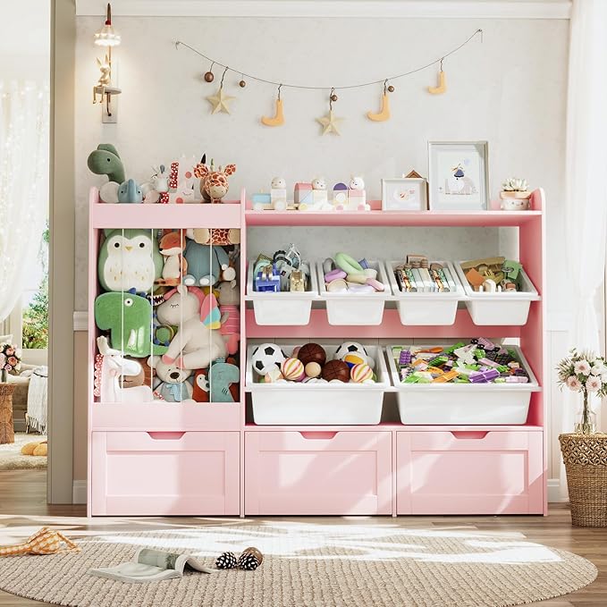 VortinT Kids Stuffed Animal Storage, 50.6" W Large Toy Organizer Shelf with 6 Plastic Bins, 3 Rolling Box, Wooden Toddler Toy Bookshelf Organization Shelves for Play Room, Nursery (Pink)