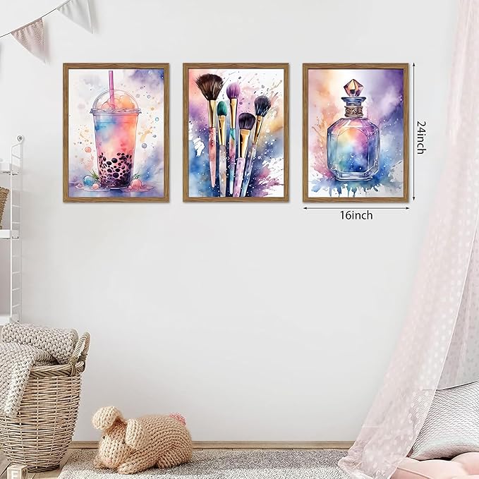 Framed Teen Girls Bedroom Wall Art Set of 3, Pink and Purple Splash Canvas Prints, Makeup Enthusiast Pictures Posters, Drinks Cosmetic Wall Decor for Teenage Girl Room Decor – 16x24 inch