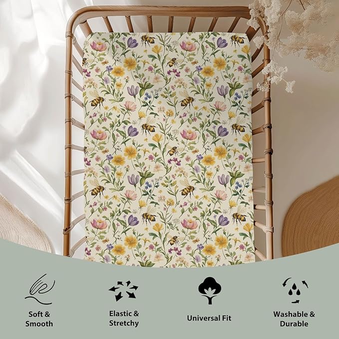Vintage Bees Wildflowers Baby Crib Sheets for Boy Girl 52"x28" Retro Boho Flowers Soft Stretchy Fitted Crib Mattress Cover Spring Summer Baby Sheet for Standard Crib and Toddler Mattress