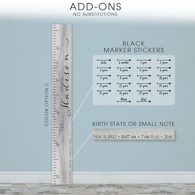 Wooden Kids Growth Height Chart Ruler for Boys and Girls Painted or Engraved (Classic Script)