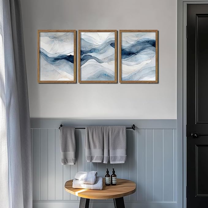 Blue Abstract Wall Art, Modern Navy Blue Abstract Canvas Wall Decor Paintings, Neutral Minimalist Texture Posters Prints Pictures for Living Room Bedroom Office Home Decor 16x24 Inch Wood Framed