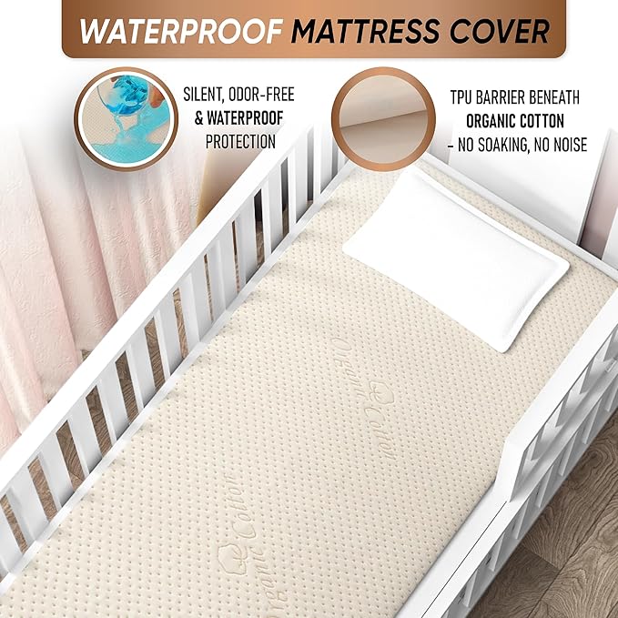 Luxury Organic Waterproof Crib Mattress Pad - Skin Friendly, Waterproof, Breathable & Absorbent Crib Mattress Protector - Premium 380GSM for Baby and Toddler Beds - Fitted for Standard Baby Crib Size