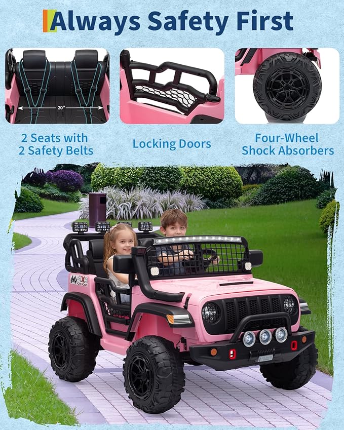 2 Seats 24V Kids Electric Ride on Car with Remote Control, 20" Large Seat with 2 Safety Belts, Two 200W Battery Powered Electric Vehicle for 3+ Years, LED Light,Music,Horn,USB Port, Riding Toy, Pink