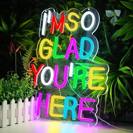 Enuoli I'm So Glad You Here Neon Sign Wall Decor Letter LED Neon Lights Light Up Signs For Kids Room Dimmable Positive Affirmation LED Neon Light Sign Home Business Wall Art Decor
