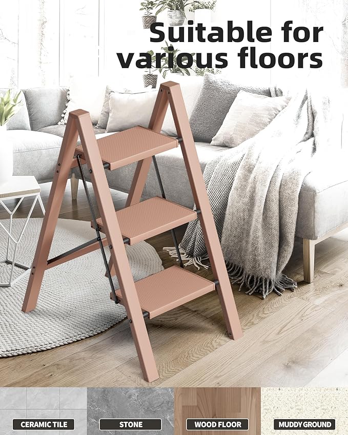 HillhutApex 3 Step Stool, Aluminum Foldable Step Ladder, Lightweight Stable Stool with Wide Non-Slip Pedals, 330lbs Bearing Capacity Ladder for Office,Home,Kitchen - Light Pink