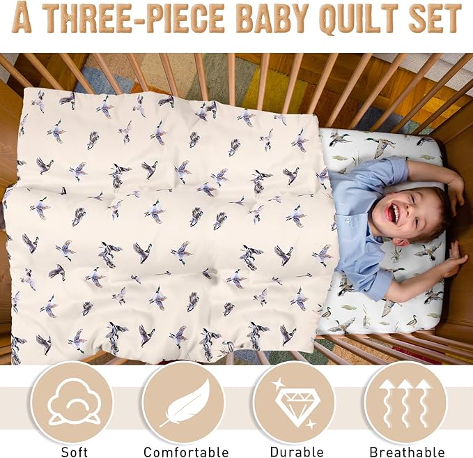 3 Pieces Mallard Duck Nursery Crib Bedding Set for Girls Boys Mallard Duck Baby Standard Size Bedding Sets with Comforter Fitted Sheet Crib Skirt