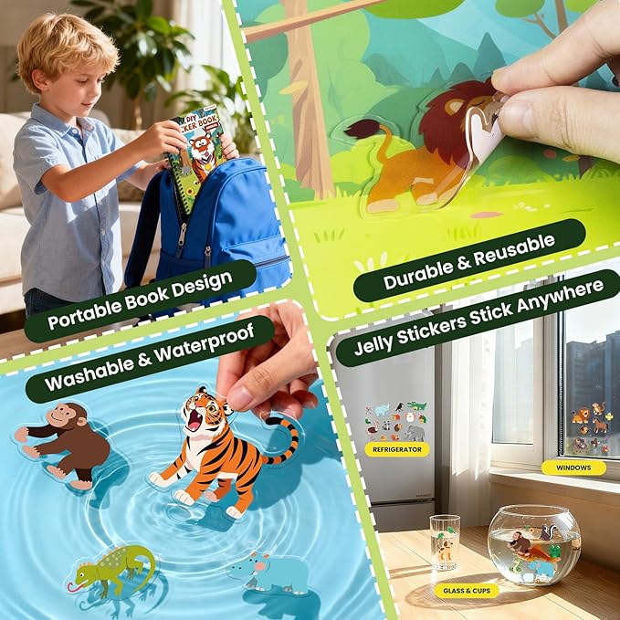 Animals Reusable Sticker Book for Toddlers, DIY Make-a-face Animals Fun Jelly Stickers, Washable Puffy Stickers for Kids Toys, Airplane Road Trip Travel Activities Essentials for Kids 3 4 5 Years