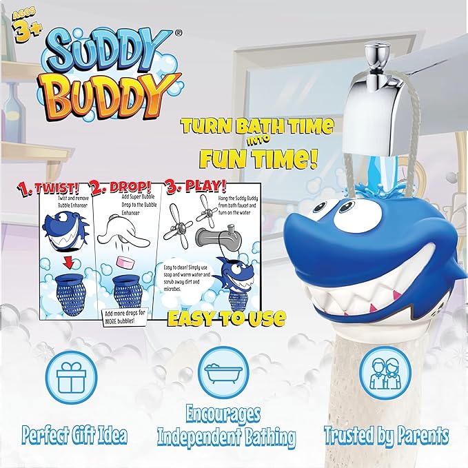 Suddy Buddy Bubble Bath Toy, Kids Ages 3+, Boys & Girls, Safe & Clean, Collect All Four. Includes: 1 Character Soap Dispenser, 1 Trading Card, and 3 Super Bubble Drops. Clownfish