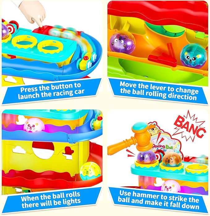 Funwee 2-in-1 Rolling Ball & Racing Car Ramp Toy for Toddlers, Race Track Hammer Lights Ball Drop, Interactive Montessori Learning Game Birthday Gift Idea for Kids 2 3 4 5+Year Old Girl Boy(Yellow)
