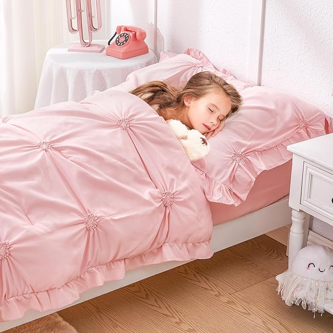 Wowelife Princess Toddler Bedding Set for Girls, Boho Toddler Bed Set, 4 Pieces Ruffles Jacquard Embroidery Toddler Girl Comforter with Comforter, Fitted Sheet, Flat Sheet and Pillowcase, Pink