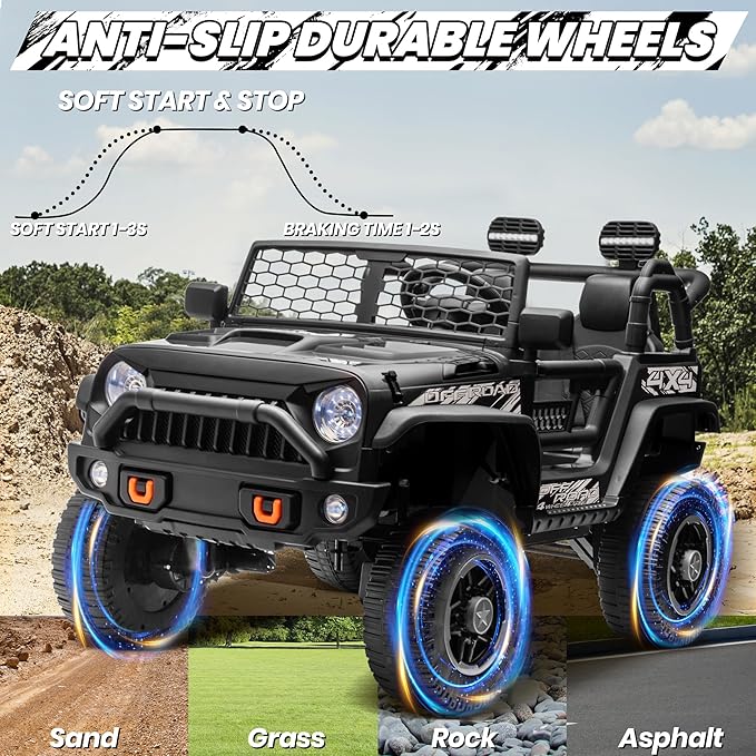 24V Ride On Toys for Big Kids, MOEYURO 2 Seater Ride on Cars with 4WD/2WD Switchable, 20'' Wide Seat, Ride on Truck w/Remote Control, 4-Wheeler Suspension, Power Car Wheelers for Kid Boys Girls, Black