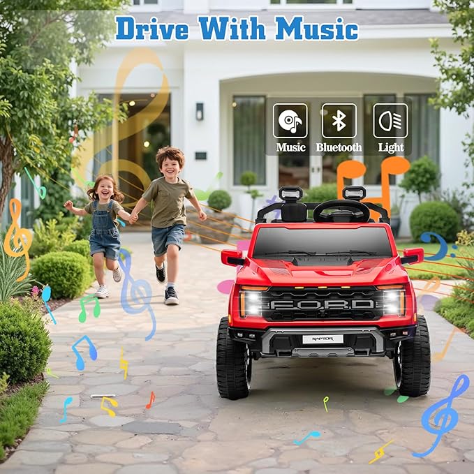 24V Ride on Car for Big Kids, Licensed Ford F-150 Raptor 2 Seater Ride on Toy with Remote Control, Ride on Track w/4-Wheeler Suspension, LED Lights, Bluetooth, Music, Soft Start (24V, Red)