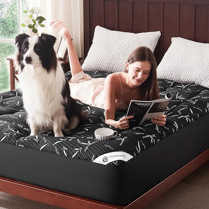 100% Waterproof Queen Size Mattress Topper, Thick Pillow Top Mattress Pad，Up to 24 Inch Deep Pocket,Soft Breathable Mattress Pad for Back Pain, Protector Cover(Black)