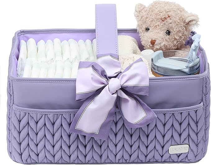 LUKJOJO Luxurious Baby Diaper Caddy, Nursery Storage Basket for Newborn Boy and Girl, Travel Baby Basket for Diapers Baby Wipes, Organizer Tote Bag Storage Bin, Baby Shower Gifts (purple)