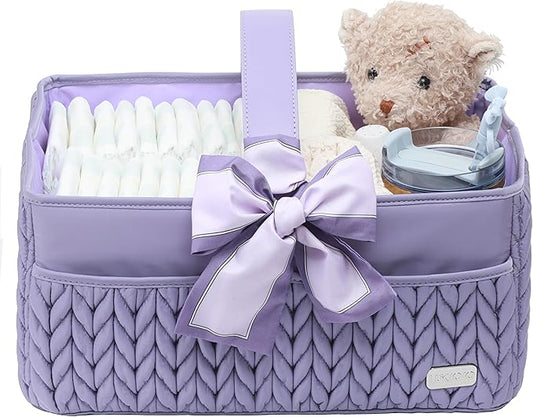 LUKJOJO Luxurious Baby Diaper Caddy, Nursery Storage Basket for Newborn Boy and Girl, Travel Baby Basket for Diapers Baby Wipes, Organizer Tote Bag Storage Bin, Baby Shower Gifts (purple)