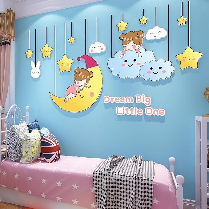 3D Stars Moon Wall Stickers for Girls Room Decor Wall Decals Peel and Stick for Girls Bedroom Large Pink Decor for Nursery Toddler Inspirational Princess Art Pictures Kids Murals Wallpaper