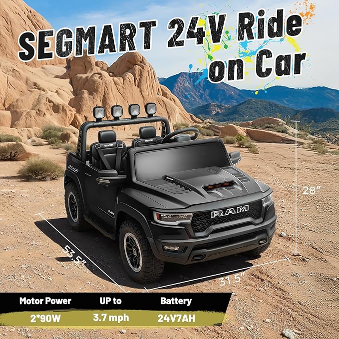 Electric Car for Kids, Licensed Ram 1500 RHO, 24V Ride on Toys for Big Kids, Battery Powered with Parent Remote Control, LED Light/Music/MP3, Back Storage, Black, Roll Bar