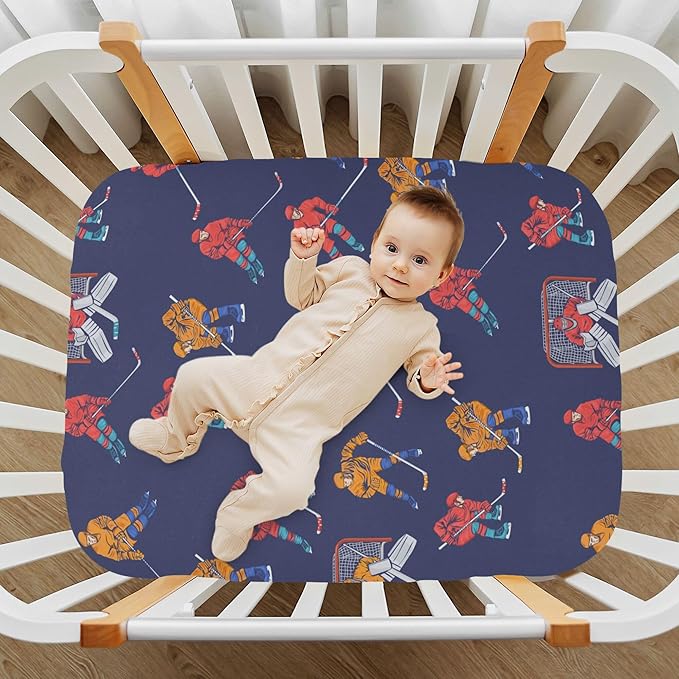 Hockey Players Blue Crib Sheets Soft Breathable Fitted Baby Crib Sheets Mattress Cover for Girl Boys, 52" x 28" x 9"