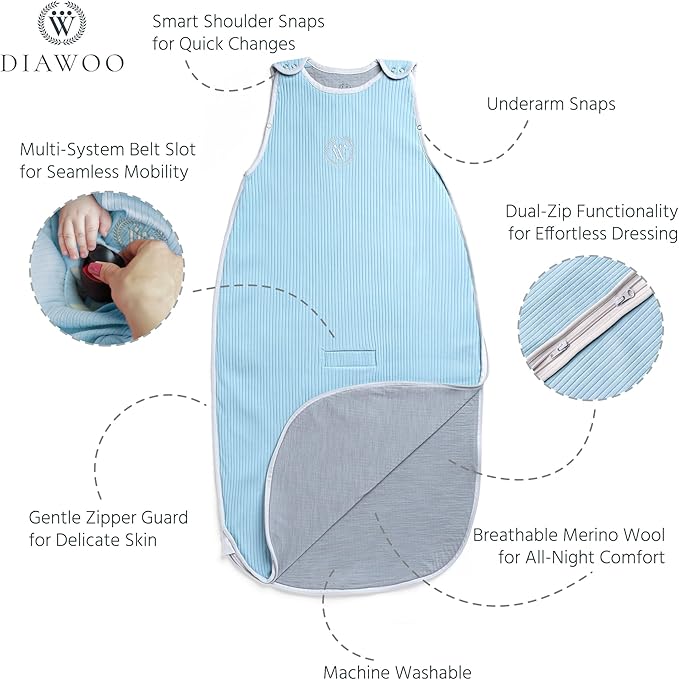 4 Season Baby Sleep Sack–Merino Wool&Organic Cotton–Adjustable Sleeping Bag (2–36 Months) with Two-Way Zipper& Belt Slot