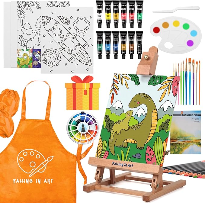 Falling in Art Tabletop Easel Set, Portable Wooden Art Easel Painting Kits for Kids, Easel for Painting Canvases, Including 12 Colors Acrylic Paints, 10 Paintbrushes and 4 Canvas Panels, Yellow