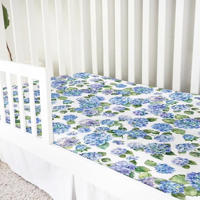 Blue Hydrangea Floral Baby Crib Sheets 52''x28'' Watercolor Flowers Painting Snug Fitted Crib Mattress Cover for Boy Girl Wild Floral Soft Nursery Bed Sheets for Standard Crib and Toddler Mattress