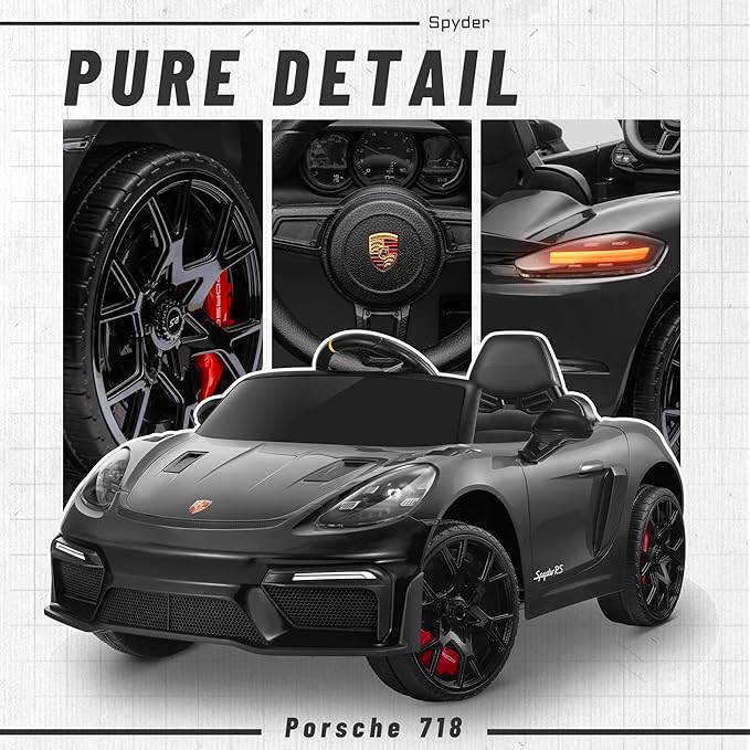 First Ride On Licensed Porsche 718 12V Electric Car for Kids, Ride on Toys for Toddler, Child Ride on Car w/Parent Remote, Led Lights, Openable Doors, MP3 Player, Smooth Start, 3 Speeds (Black)