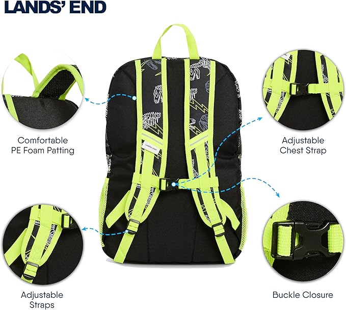 Lands' End Unisex Kids Large ClassMate Lightweight Durable Elementary School Backpack, Black Highlight
