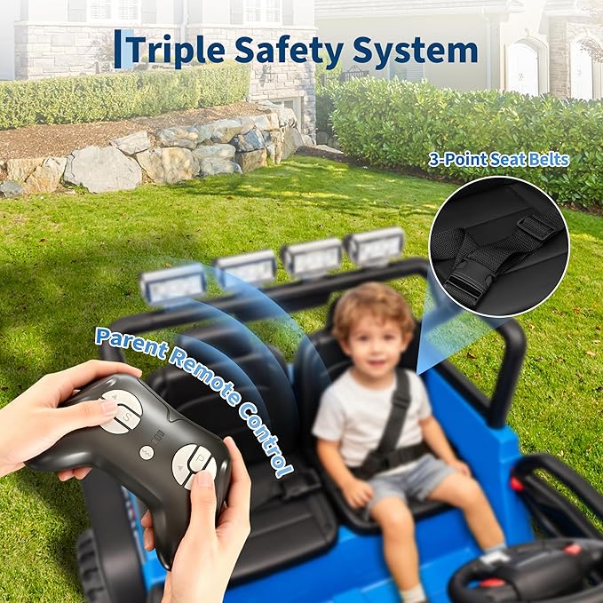 24V 2-Seater Kids Electric Truck with Parent Remote Control, 100Min Ride-on Car, 4WD Dual Motor, 2 Speeds, Spring Shock Absorber, LED Headlights, Siblings Gift Kids Electric Vehicle, Blue