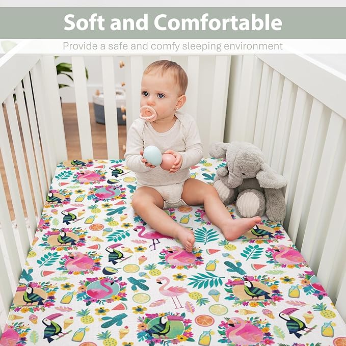 Pink Flamingo Toucan Tropical Fruits Baby Crib Sheets for Boy Girl 52"x28" Colorful Summer Birds Leaves Soft Snug Fitted Crib Mattress Cover Hawaiian Baby Sheet for Standard Crib & Toddler Mattress